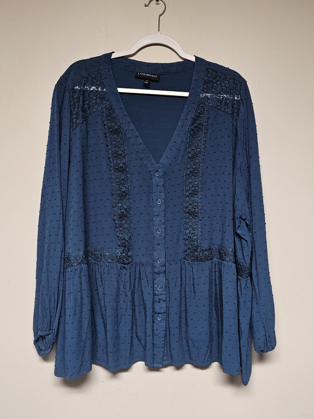 Curvy Plus Size Teal Blue Loose Fit Peasant Blouse Swiss Dot Size 24 Lane Bryant